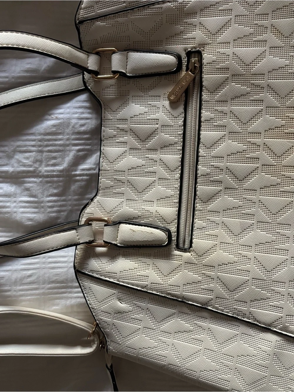 Michael Kors Cream MK Logo Tote with Gold-Tone Medallion